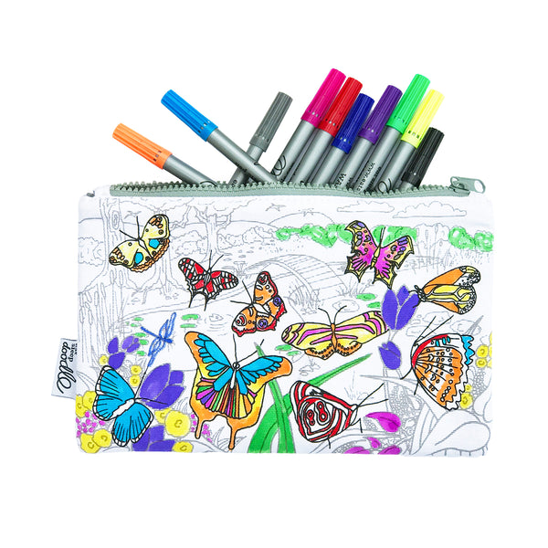 butterfly pencil case, set of 10 double-ended fabric wash-out markers
