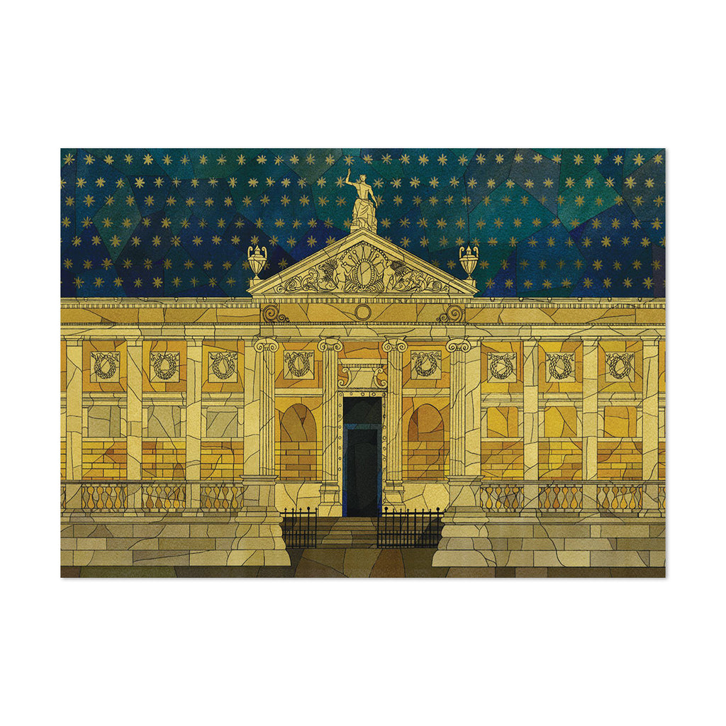 A stylized architectural art print of the Ashmolean Museum classical building façade, rendered in a stained-glass-like geometric pattern. The building features a golden-yellow stone body with a dark blue starry sky background above it.