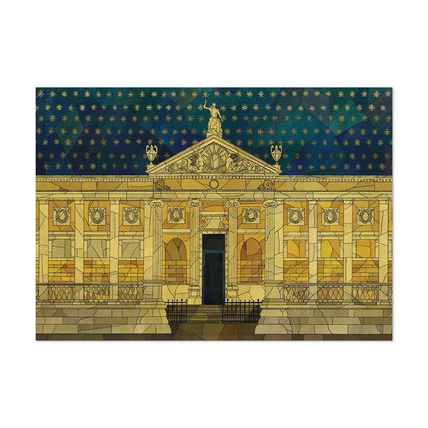 A stylized architectural art print of the Ashmolean Museum classical building façade, rendered in a stained-glass-like geometric pattern. The building features a golden-yellow stone body with a dark blue starry sky background above it.