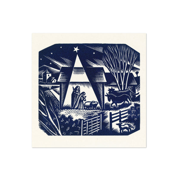 A square art print featuring a navy blue linocut-style illustration of a nativity scene on an off-white background, centered against a solid white backdrop.