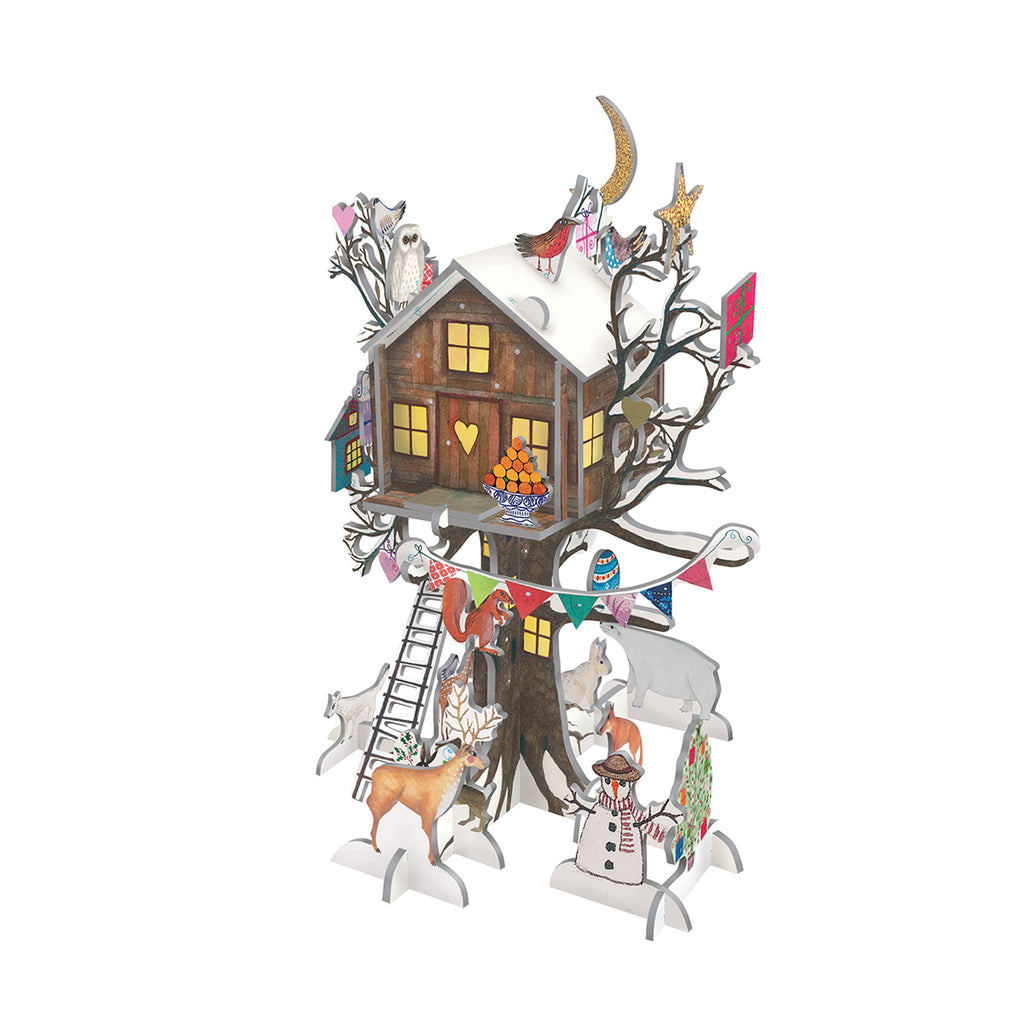 A 3D advent calendar depicting a treehouse with woodland creatures, including a snowman and a reindeer, surrounded by a Christmas-themed scene.
