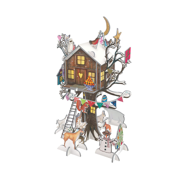 A 3D advent calendar depicting a treehouse with woodland creatures, including a snowman and a reindeer, surrounded by a Christmas-themed scene.