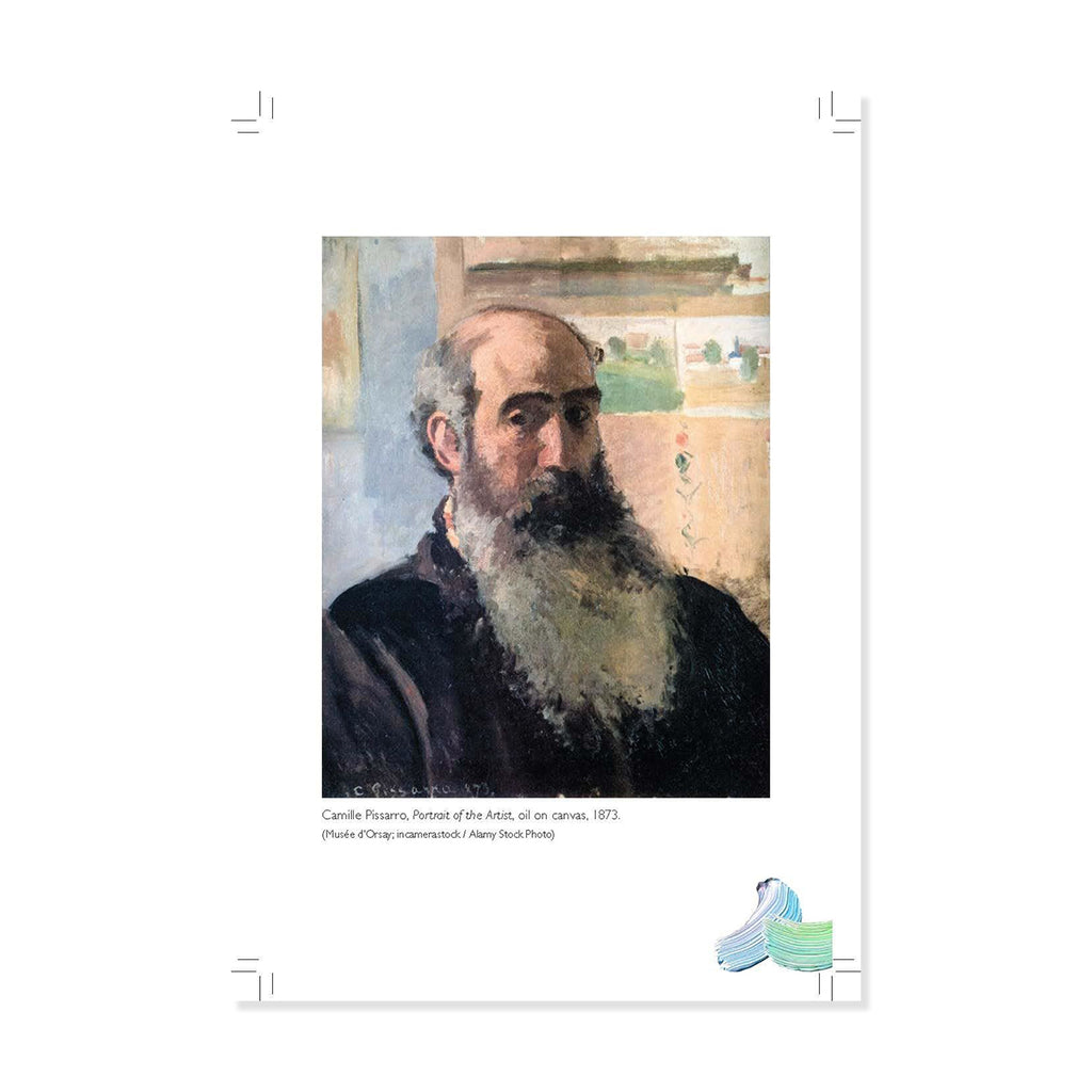 An insert page from a book showing a painted portrait of Camille Pissarro from the back, with a white border and small caption text beneath the artwork. The print is photographed against a white background with a small mint-green and blue abstract icon in the lower right corner.