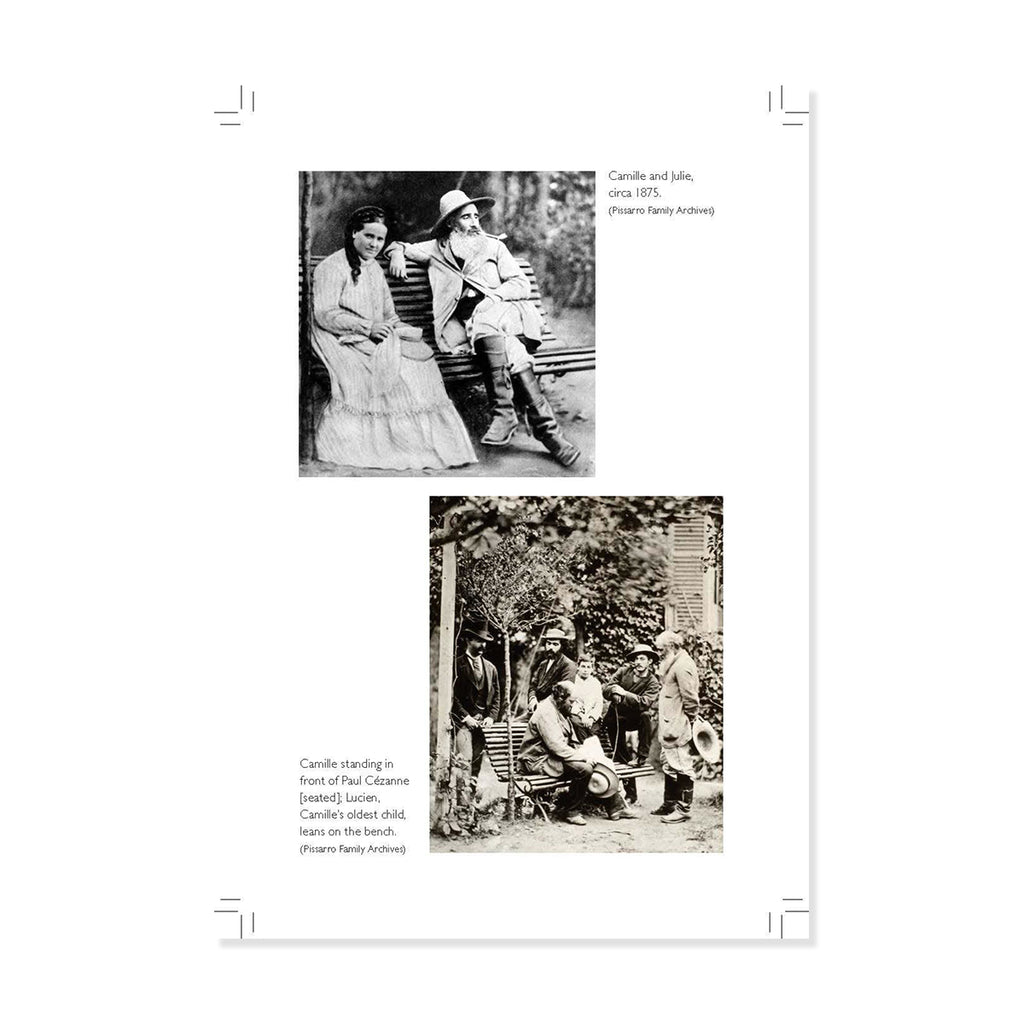 An insert page from a book showing two black-and-white historical photographs of Camille Pissarro and his wife Julie with captions, displayed against a light grey background.