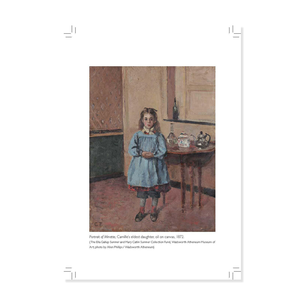 A book page insert featuring a painted portrait of a young girl in a blue dress standing indoors beside a table with teapots. The print includes a caption below the artwork and is shown against a light grey background.