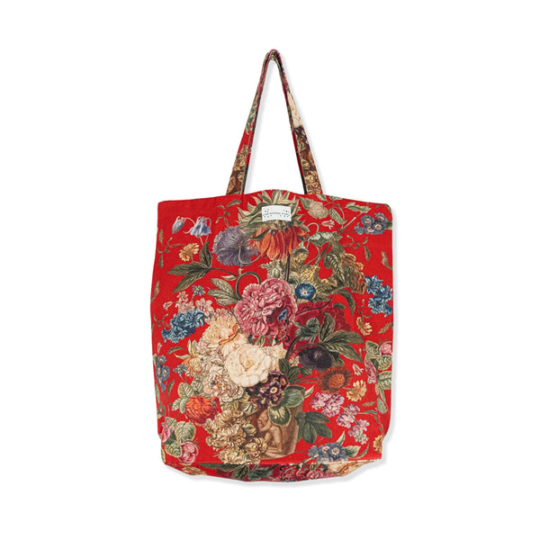 Red floral tote bag on a white background