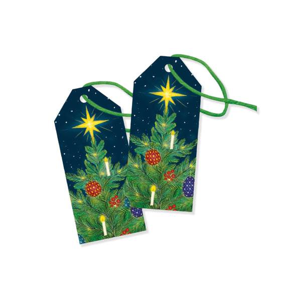 Two Christmas present gift tags with green string and art design of a Christmas tree and star on a navy background 