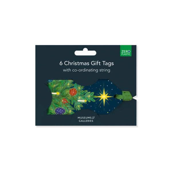 Christmas present gift tags with Christmas tree and star artwork on navy blue background