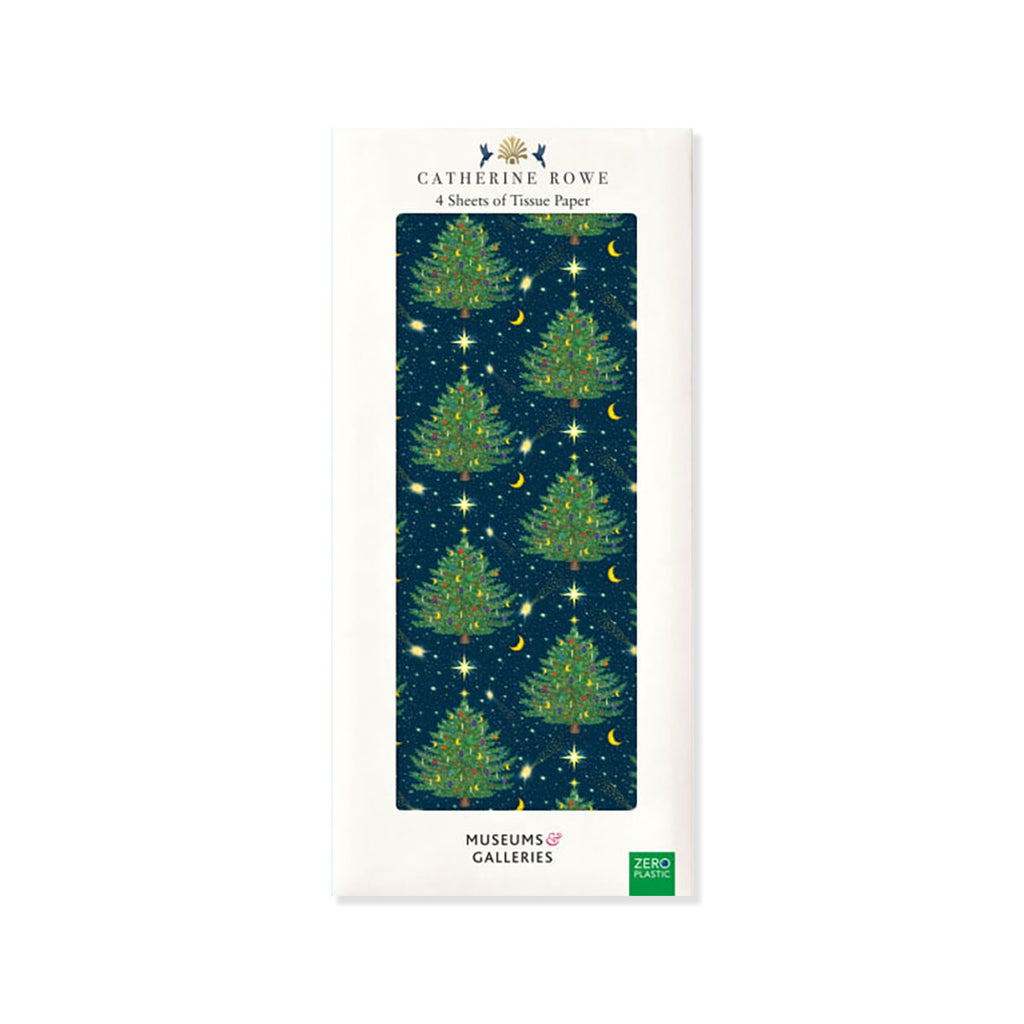 Tissue paper pack with Christmas tree, star, moon and blue backdrop design on white background