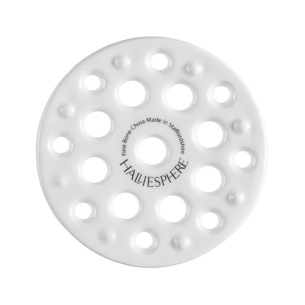 White ceramic flower separator with 'Halliesphere' branding on a white background