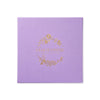 Purple square gift box with inlaid gold text 'HALLIESPHERE' and golden flowers on a white background.