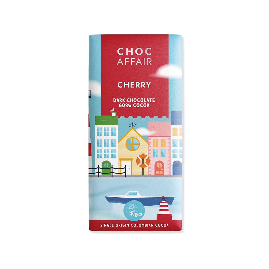 Cherry Flavour Dark Chocolate Bar with 60% cocoa and colourful seaside summer cartoon wrapping paper on a white background