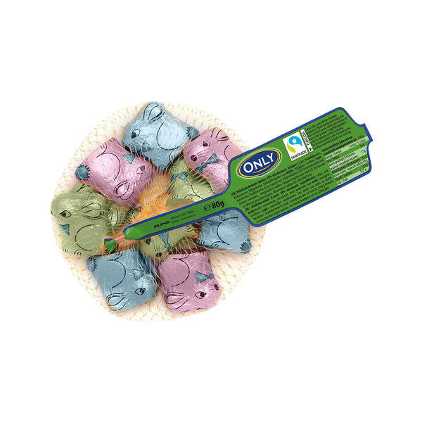 Assorted bunny-shaped cream filled milk chocolates with multicolour foil wrapping in a golden net bag on a white background.