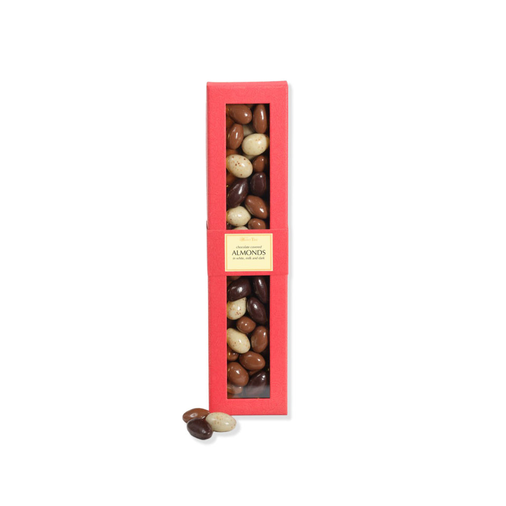 Box of assorted chocolate almonds with a red exterior on a white background