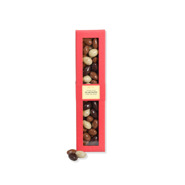 Box of assorted chocolate almonds with a red exterior on a white background