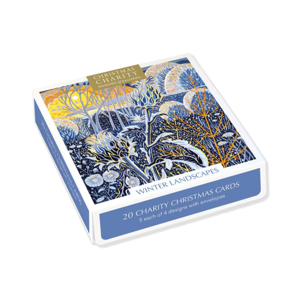 Box of 20 Christmas cards with winter landscape design on a white background