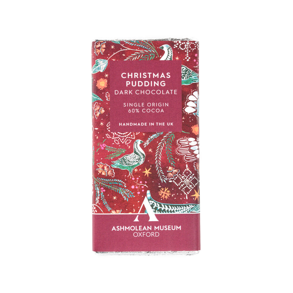 A dark chocolate bar with Christmas Pudding themed wrapping, featuring festive red patterns and the Ashmolean Museum logo.
