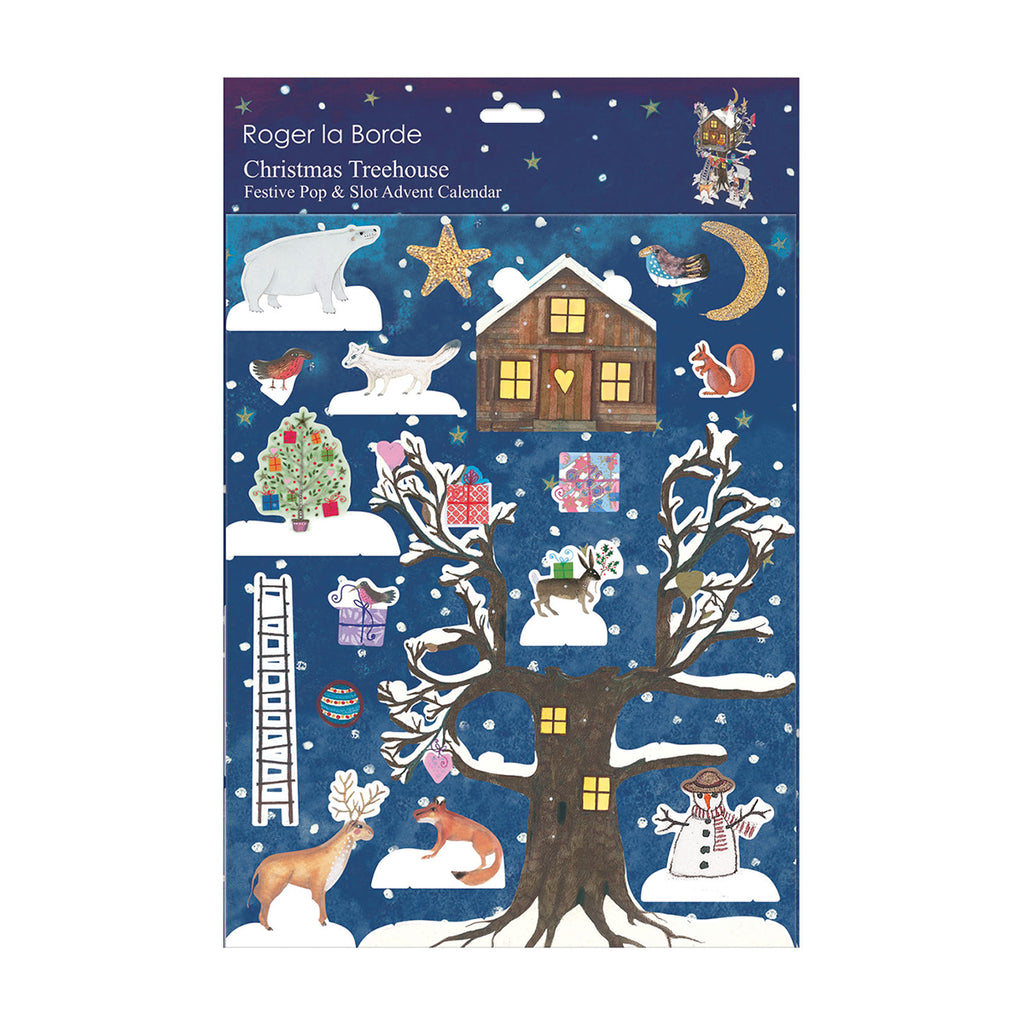 3D Advent calendar with festive treehouse in snow and Christmas animals on a white background
