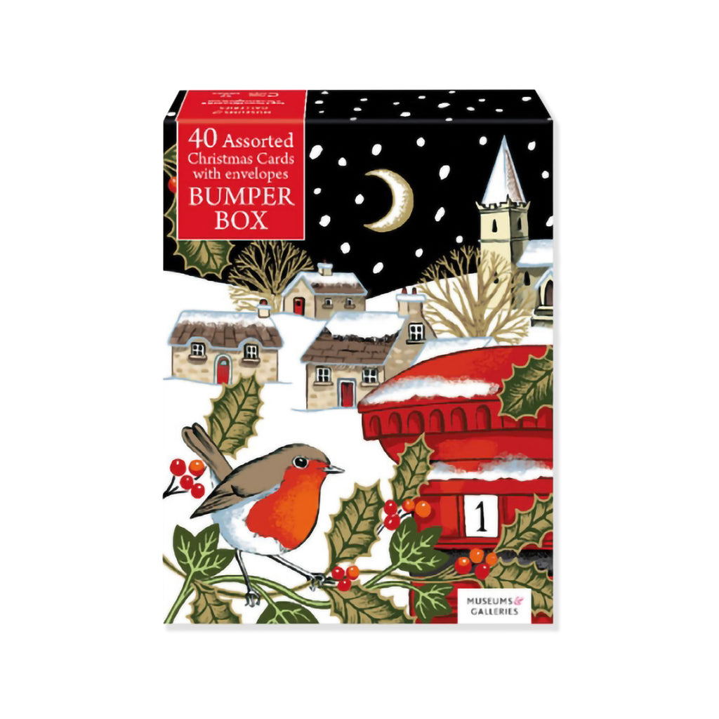 40 pack of assorted Christmas cards with Robins and holly in front of snowy winter village scene on a white background. 