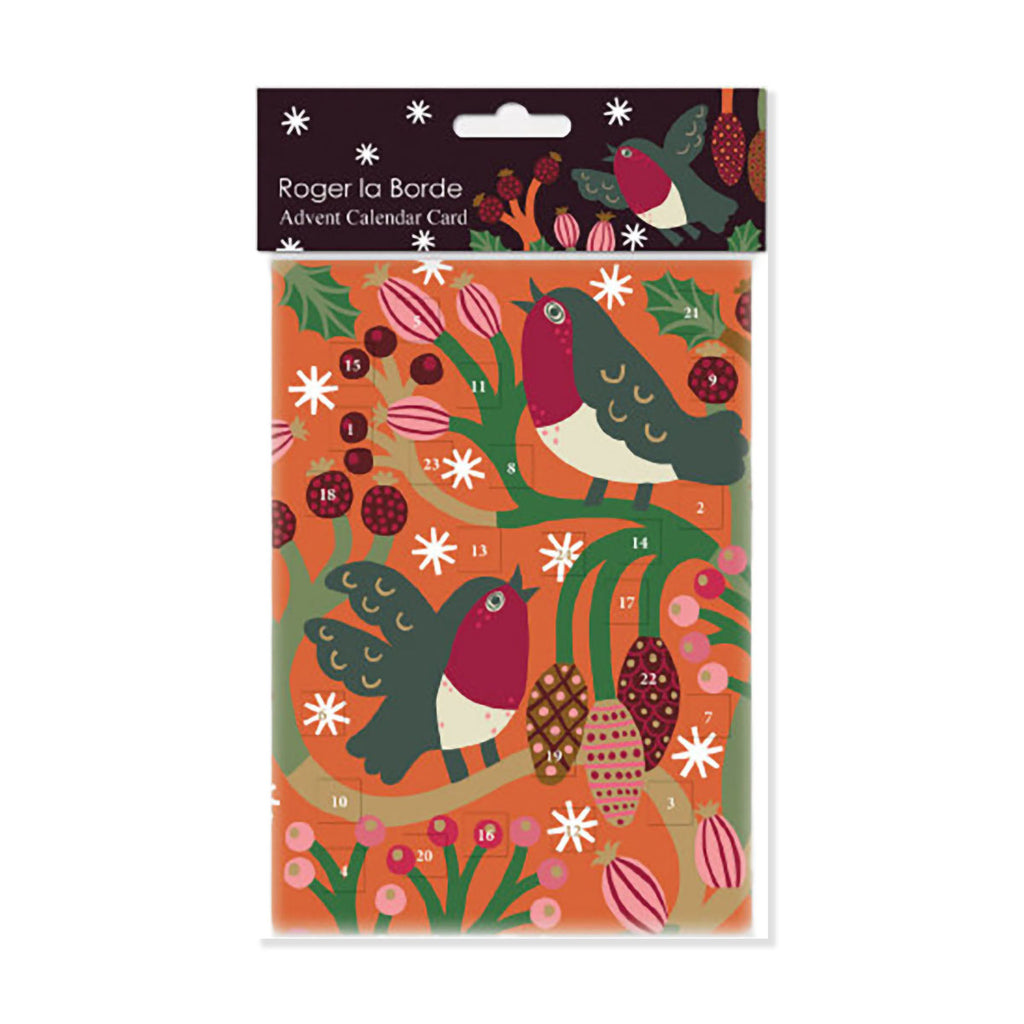 Christmas advent calendar card with colourful robins and holly design on white background