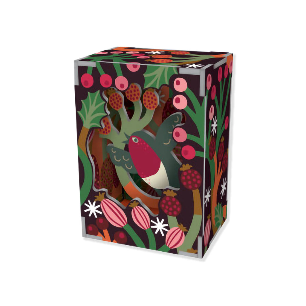 Decorative diorama box with colourful robin bird and floral design on a white background