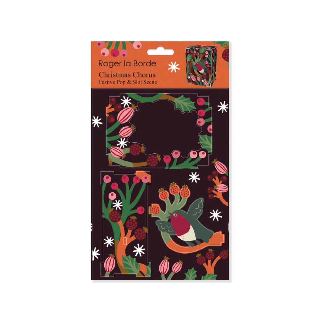 Packaging of Roger la Barde Christmas Chorus Diorama with festive design on a white background