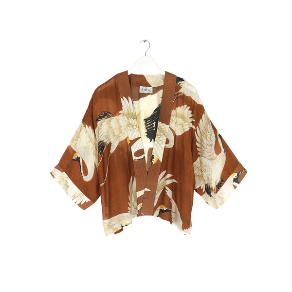 Cigar Brown Stork Print Kimono