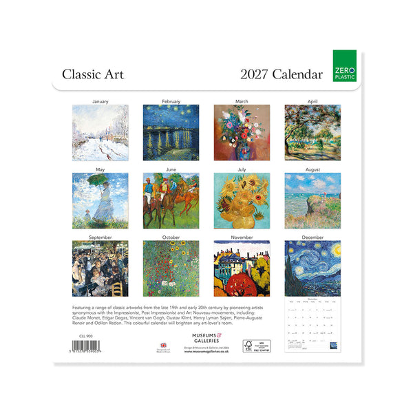 2027 Classic Art calendar with various artworks by iconic impressionist, post impressionist and art nouveau artists on a white background
