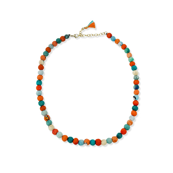 Colorful beaded necklace on a white background