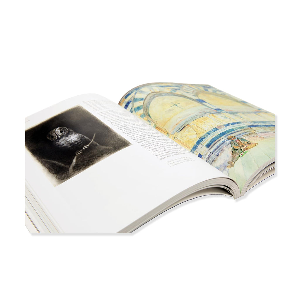 Open book with a black and white photograph on one page and a colorful illustration on the other, on a white background.