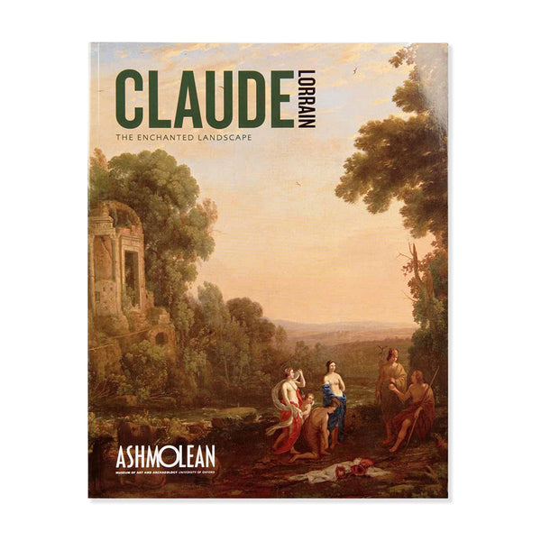 Book cover featuring landscape artwork by Claude Lorrain of countryside sunset and figures dressed in medieval clothing in bottom right corner on a white background. 