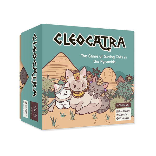 Board game box for 'Cleocatra' with cartoon cats and pyramids on a white background
