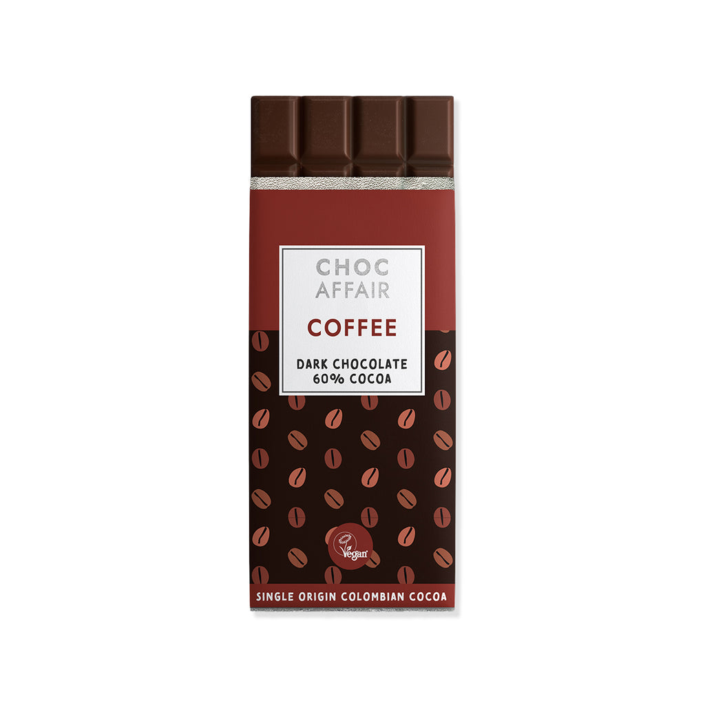 Bar of dark chocolate with coffee flavour on a white background