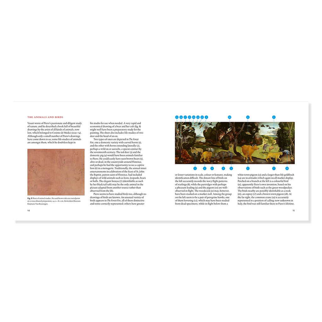 An open book spread showing two printed pages with text, a small tan square on the left page, and a larger classical painting reproduction on the right page with blue circular callouts.