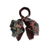 Japanese Crane patterned scarf with plum purple and multicolour design on a white background