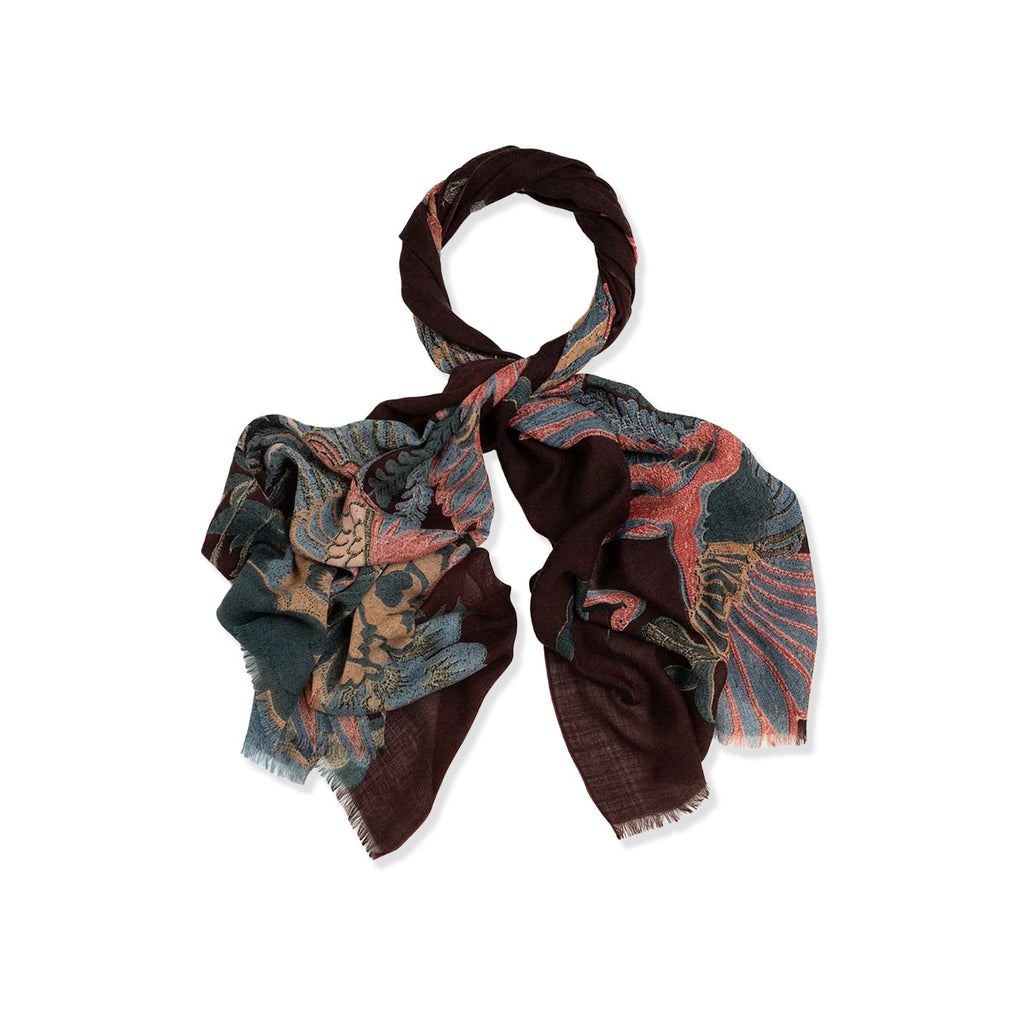 Japanese Crane patterned scarf with plum purple and multicolour design on a white background