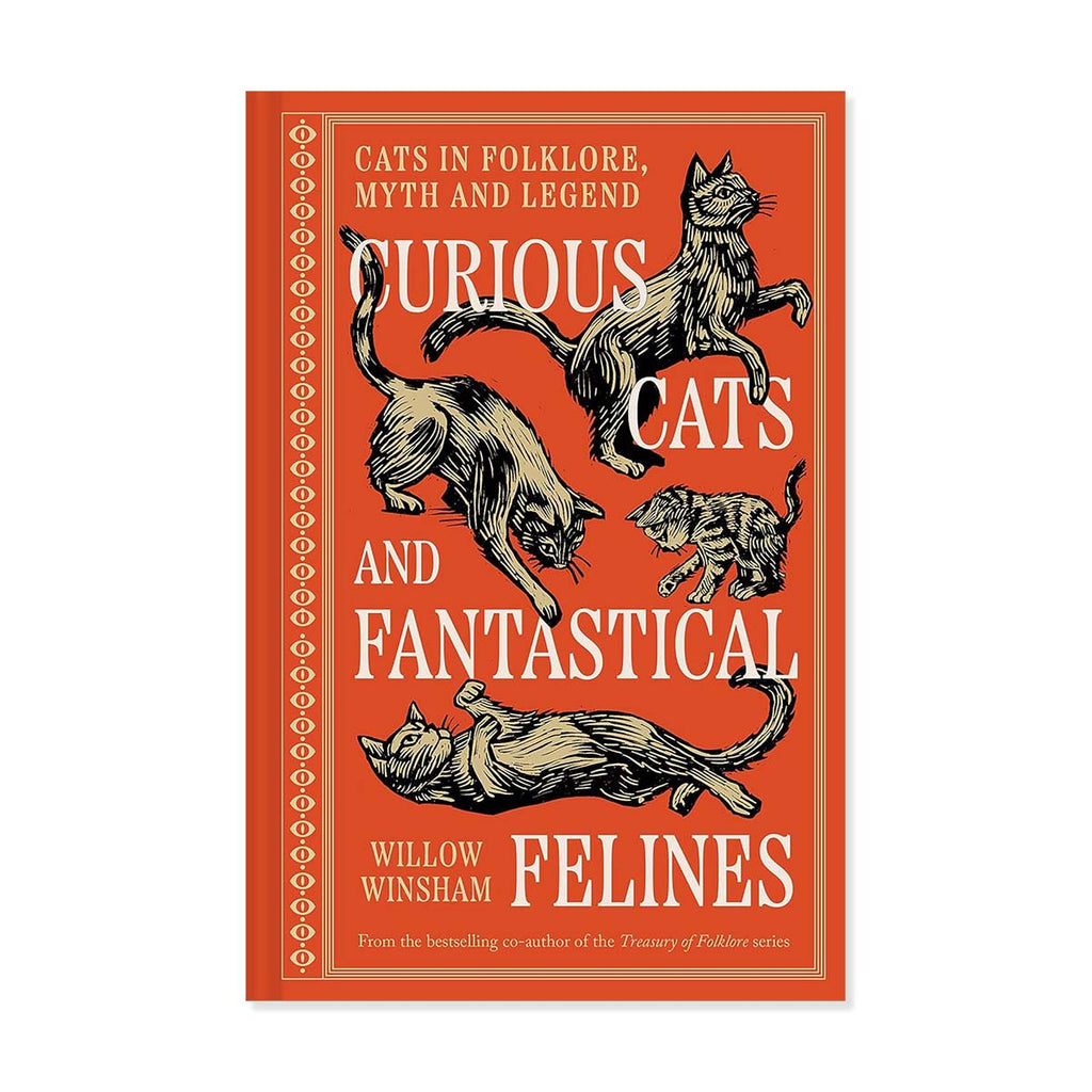 Book cover of 'Curious Cats and Fantastical Felines' with illustrations of cats on a red background.
