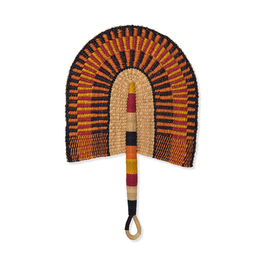 Decorative fan with a colorful woven design on a white background