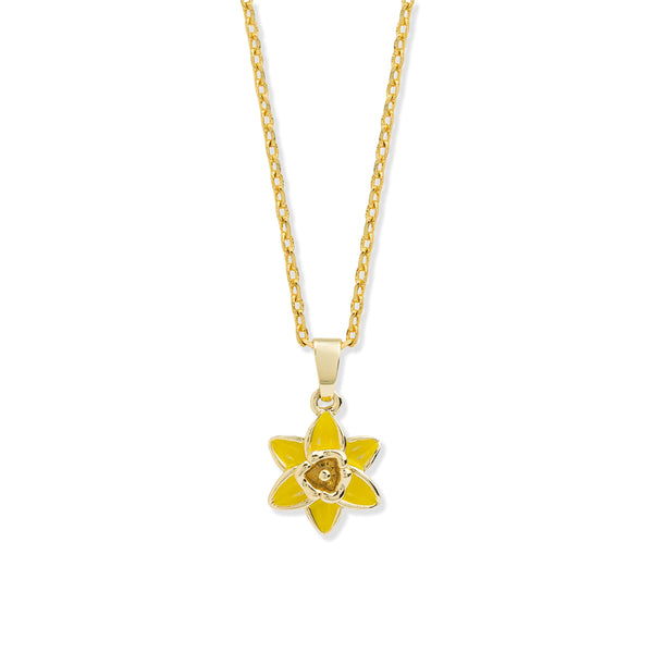 Gold necklace with a yellow daffodil flower pendant on a white background