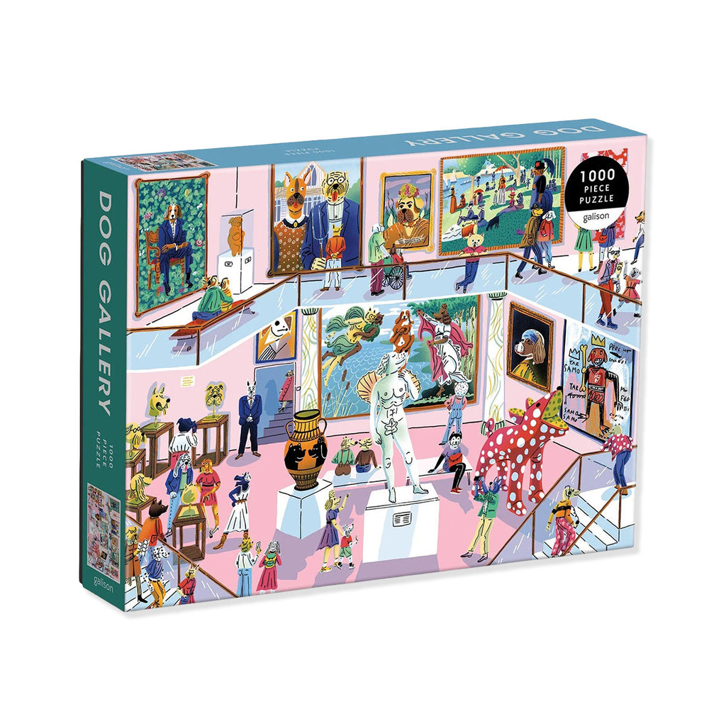 1,000 piece jigsaw box of funny museum gallery scene where human visitors have been replaced by dogs dressed as people.