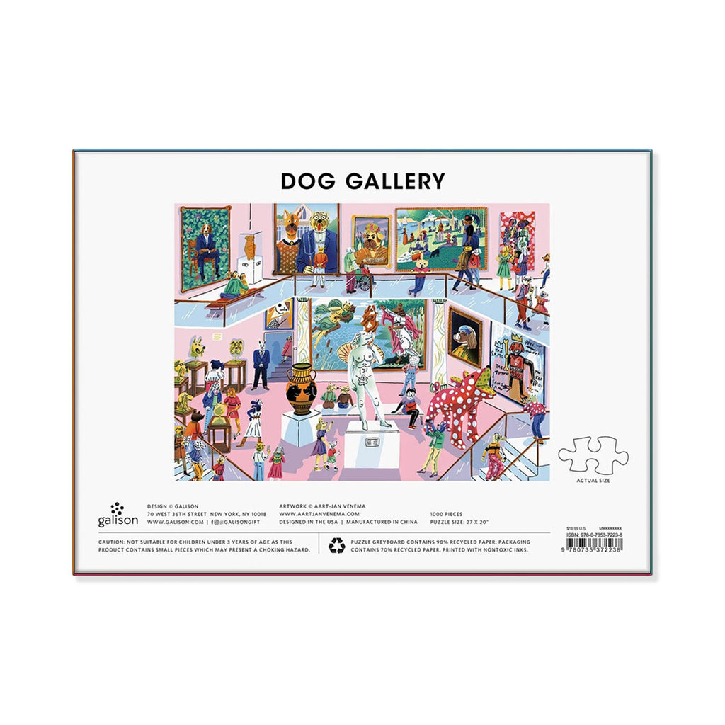 Back of jigsaw box for dog gallery puzzle, showing full scene reference picture and puzzle information.