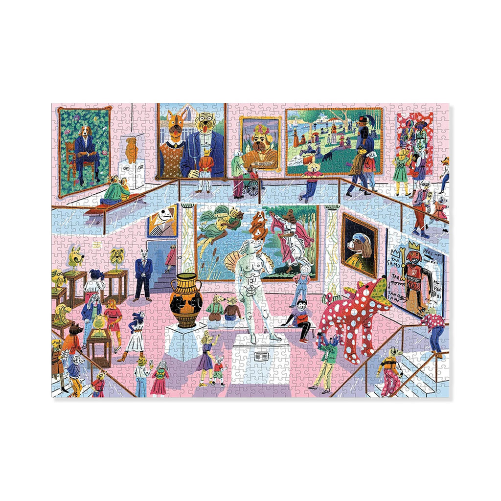 Photo of finished dog gallery jigsaw puzzle, with pieces all put together. Showing colourful museum scene with dogs as people. 