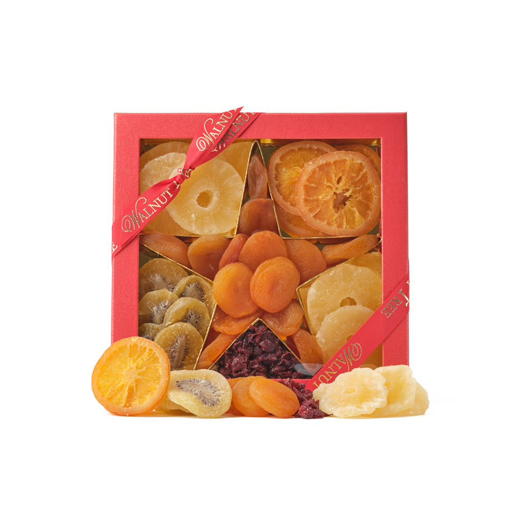 Gift box of dried fruit selection arranged in the shape of a star.