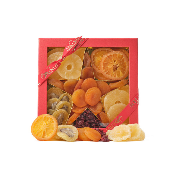 Gift box of dried fruit selection arranged in the shape of a star.