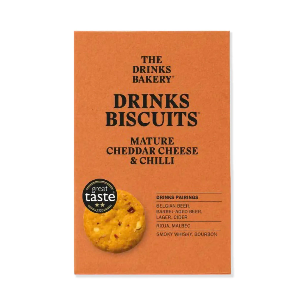 Orange coloured box of cheddar cheese and chilli flavoured biscuits for pairing with drinks on a white background 