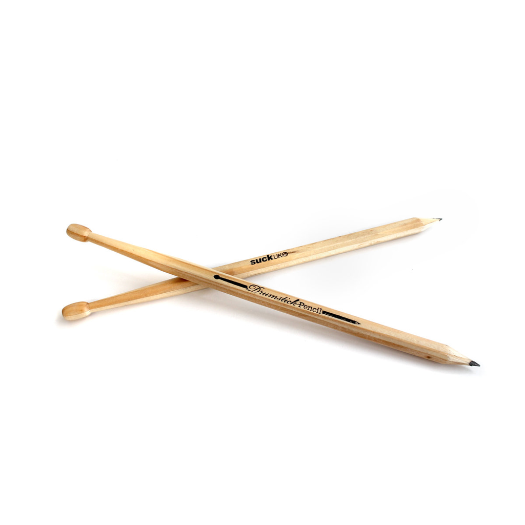 Two wooden drumsticks pencils with 'Suck UK' branding against a white background