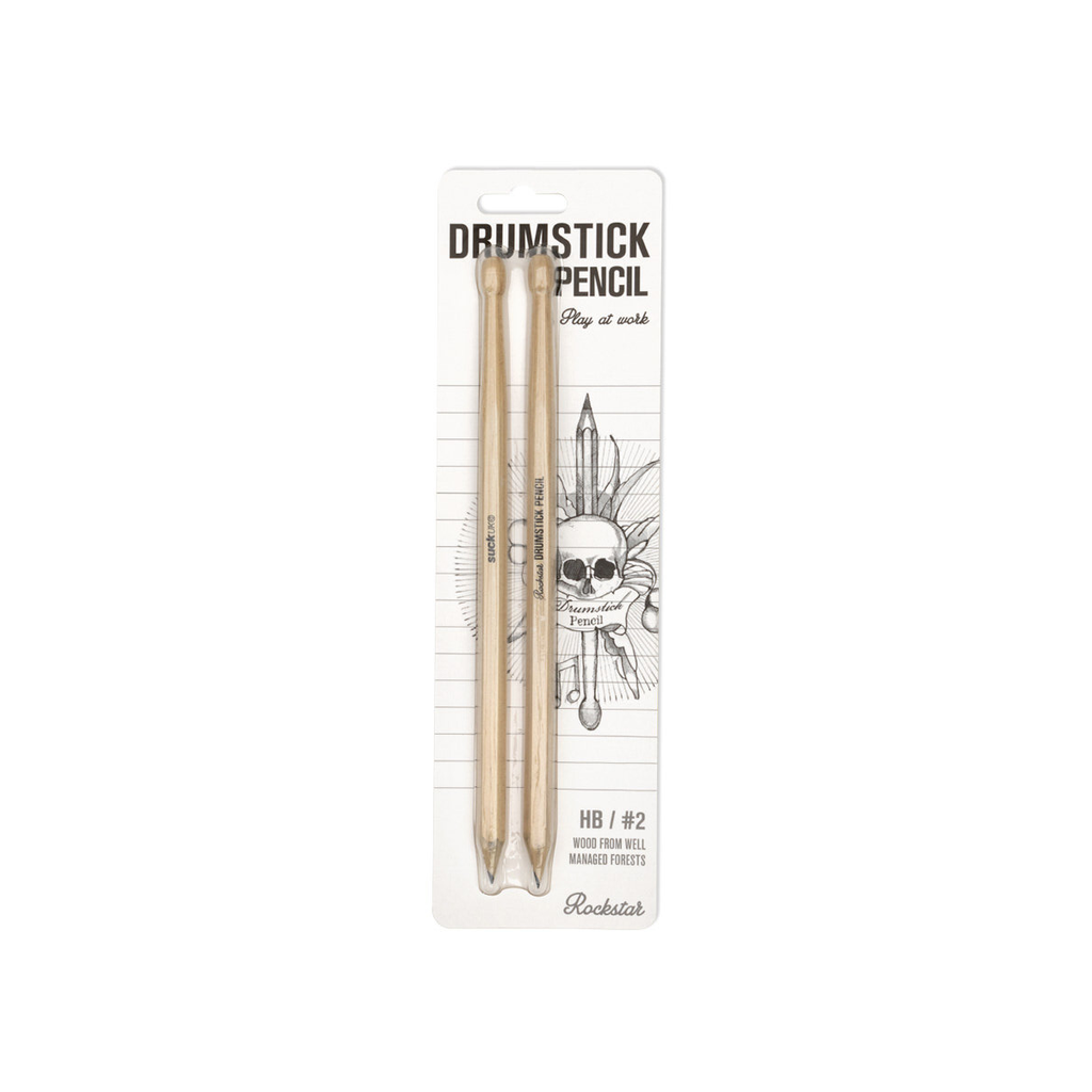 Packaged drumstick pencil with branding on a white background