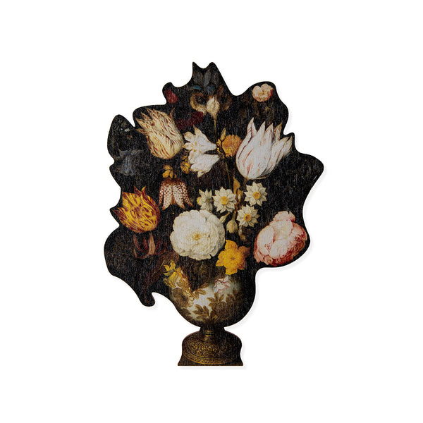 Shaped wooden postcard of Dutch still life of colourful yellow, purple, white, pink and orange flowers in ornate vase on a white background.