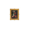 Metal pin badge of decorative gold frame with a painting of flowers on a white background