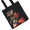 Close up detail of Verelst Flowers artwork on black cotton canvas tote bag with Dutch still life flowers painting print on a white background.